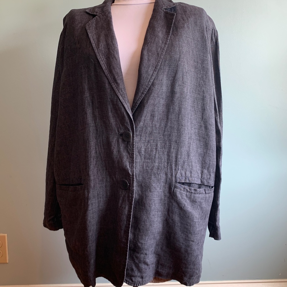 Eileen Fisher 100% Organic Linen Dark Blue-Gray Blazer Jacket Size S Lagenlook